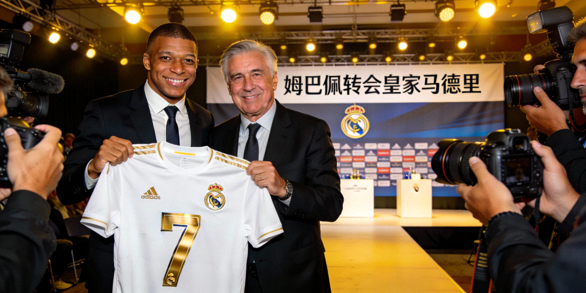 姆巴佩转会皇家马德里新闻发布会现场 - 球员手持新球衣与弗洛伦蒂诺合影