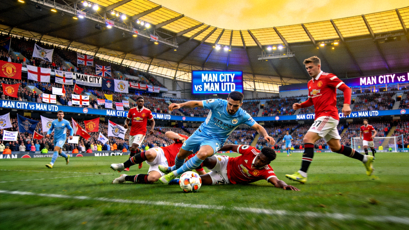英超曼彻斯特德比直播画面 - 曼城与曼联在伊蒂哈德球场激烈拼抢